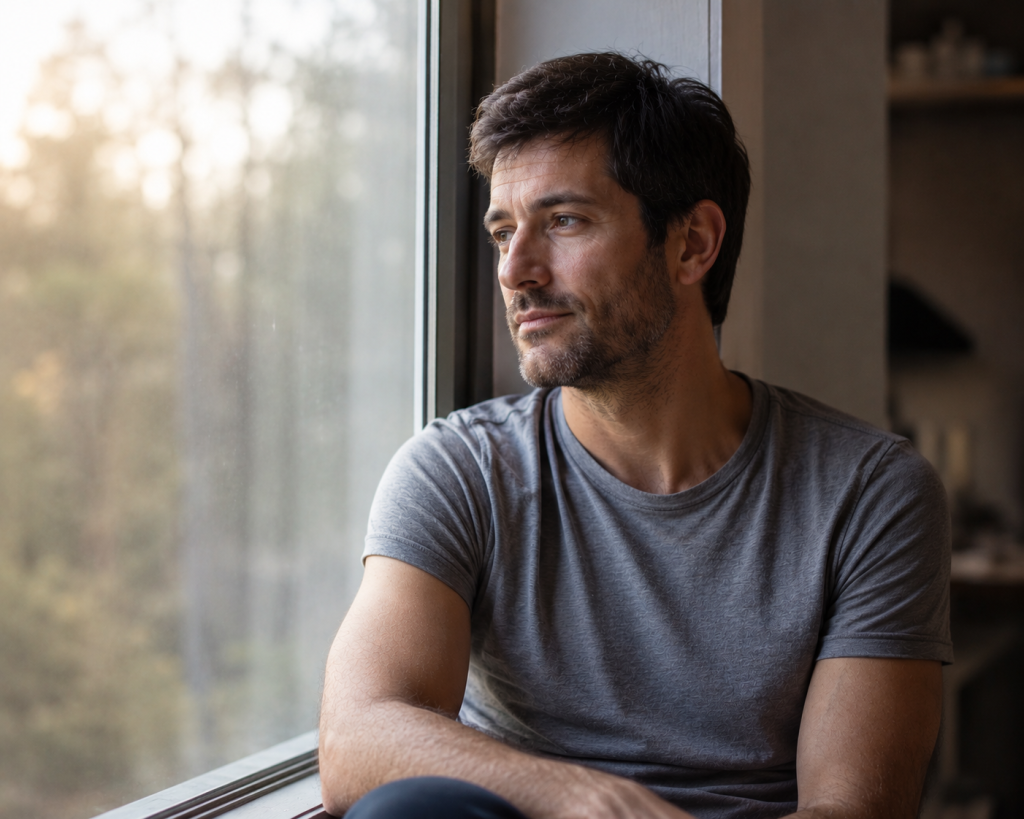 Man sitting by a window looking outside