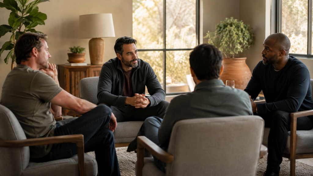 Men in a group therapy session at a residential alcohol rehab in Phoenix, Arizona