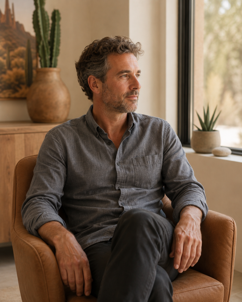 Man sitting in a leather chair reflecting during therapy at Guiding Road Recovery, a men's residential rehab in Phoenix, Arizona accepting Horizon BCBSNJ