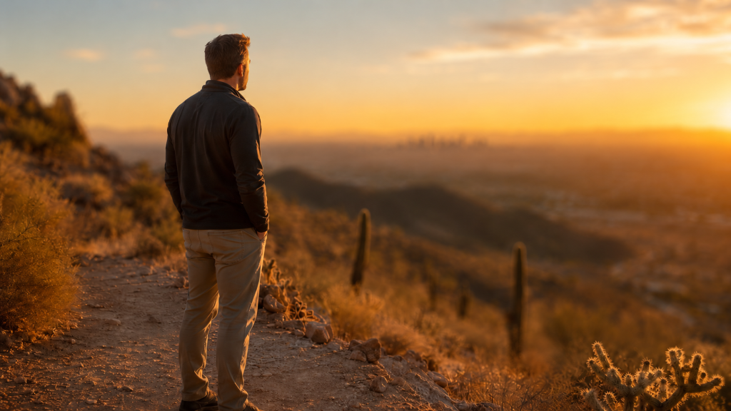 Man overlooking the Sonoran Desert at sunset at Guiding Road Recovery, a men's rehab in Phoenix, Arizona accepting Horizon BCBSNJ