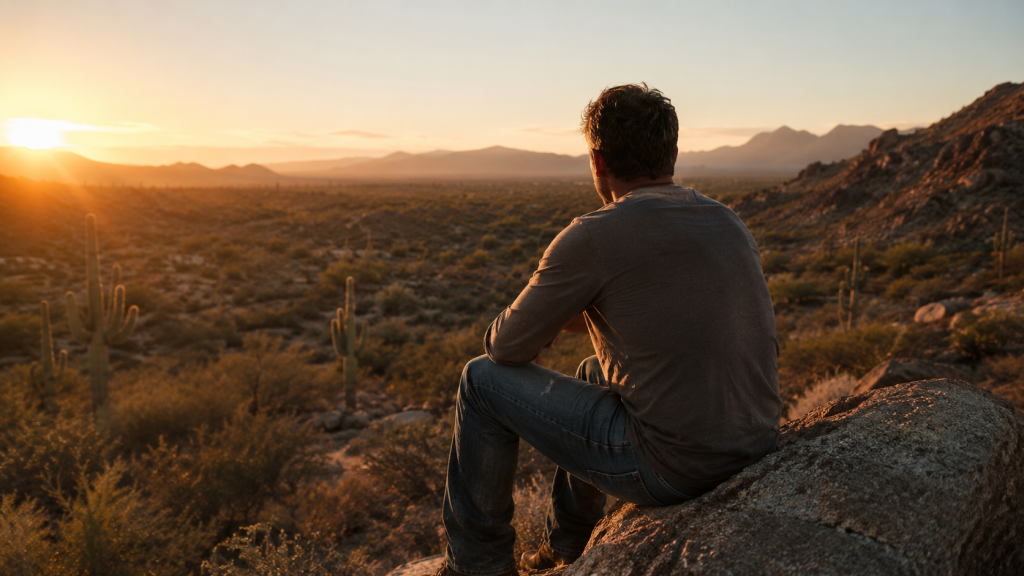 Man overlooking the Sonoran Desert at sunset at Guiding Road Recovery, a men's rehab in Phoenix, Arizona accepting Horizon BCBSNJ
