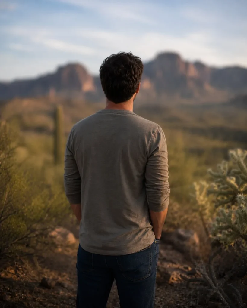 Man looking toward the Arizona desert at Guiding Road Recovery Center, a men's rehab accepting Multiplan-Cigna in Phoenix