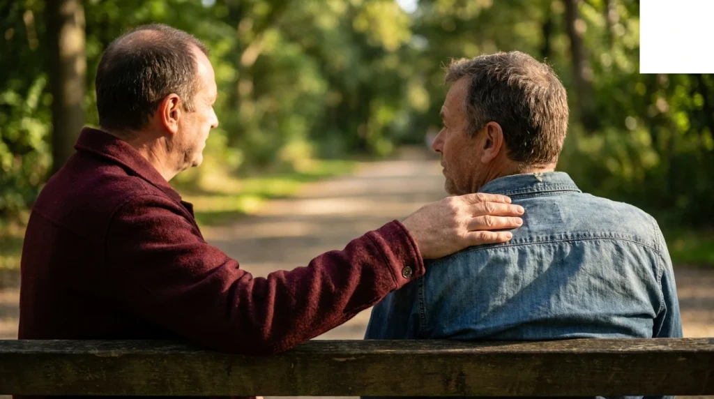 Two men talking outdoors among green trees, one offering support during recovery from fentanyl use