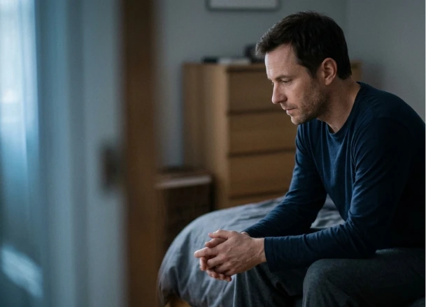 Man sitting on the edge of a bed looking down