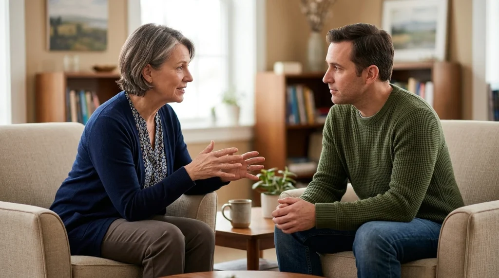 A man speaks with a woman