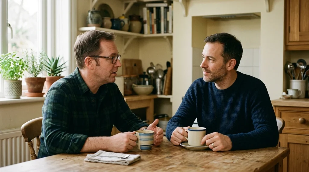 Two men talking over morning coffee at a kitchen table, supporting each other in recovery
