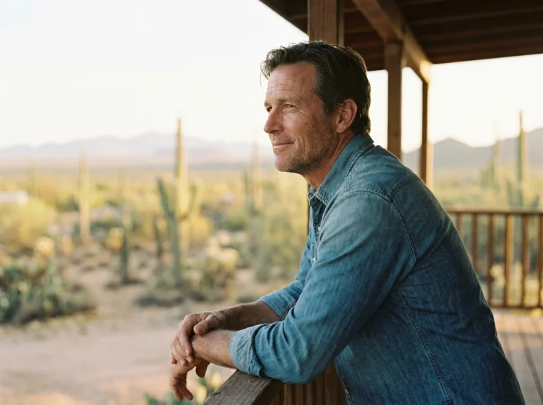 Man leaning on porch railing overlooking Arizona desert landscape