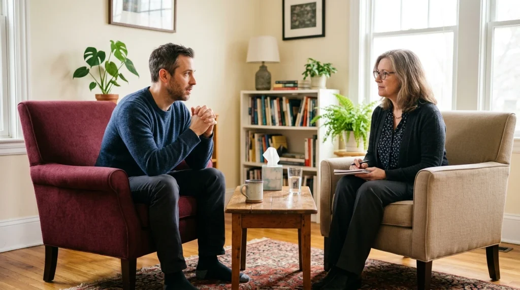 A man in a one-on-one therapy session with a counselor in a warm, sunlit room, representing men's treatment and recovery from stimulant use disorder