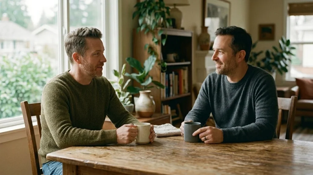 Two men talking over coffee at a wooden table in a warm living room
