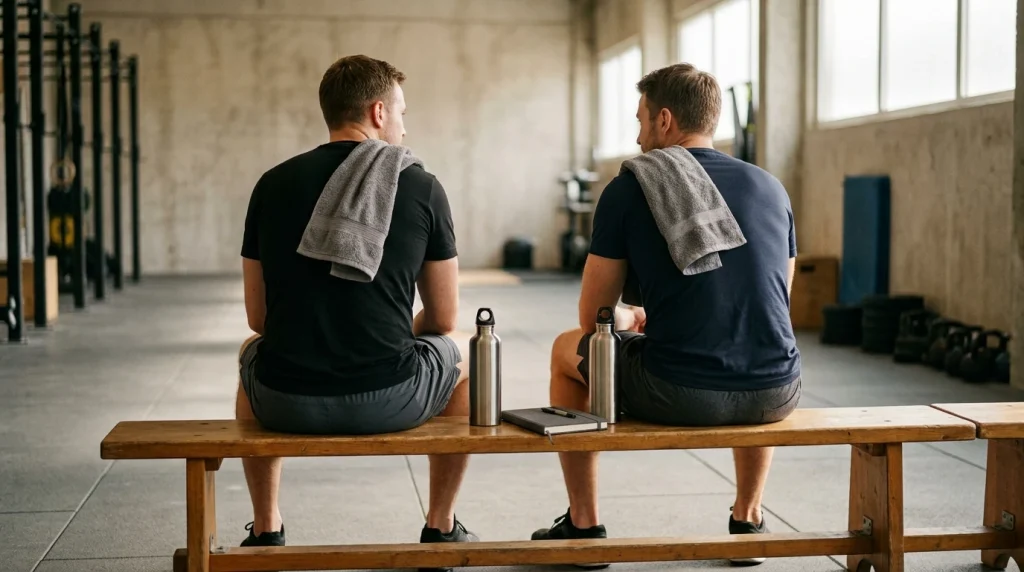 Two men resting on a gym bench after training, a notebook and water bottles beside them