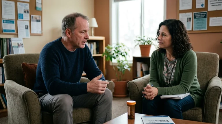 A man talking with a counselor in a treatment center office, with a prescription bottle and recovery resources on the table