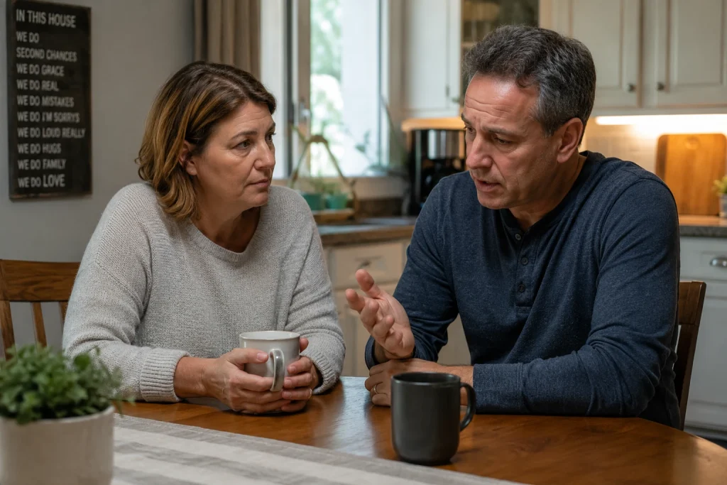 Two parents sitting together at a kitchen table talking about a family member they are worried about
