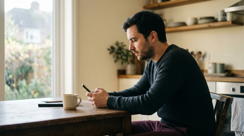 A man looking at his phone at a kitchen table in early morning light, thinking something through