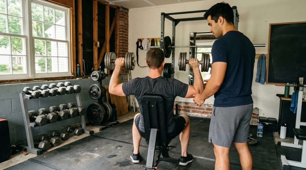 Two adult men lifting dumbbells in a modest home gym, one spotting the other, daylight from a side window, shot from behind, clean and lived-in
