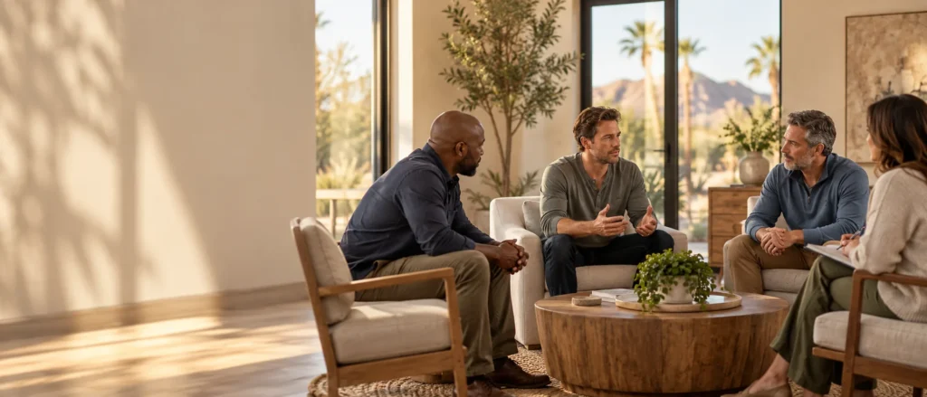 Men in an intensive outpatient group session with a counselor at Guiding Road's Scottsdale location