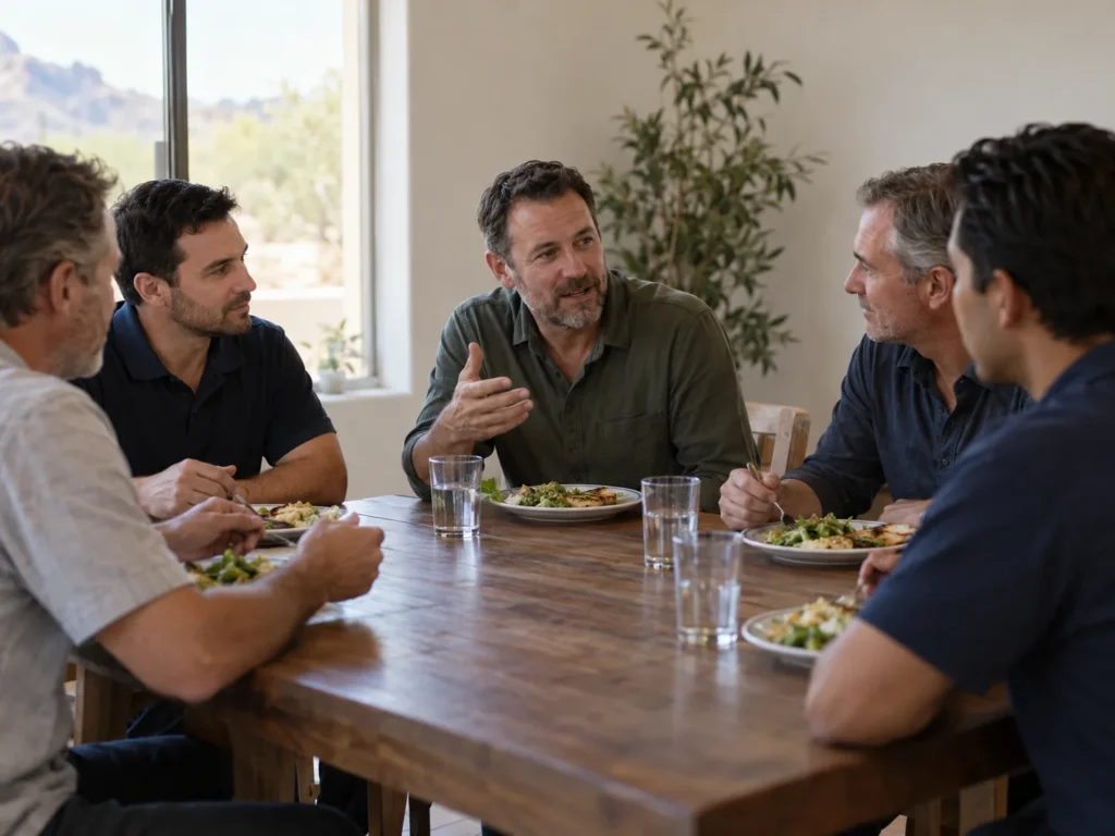 Men sharing lunch around a dining table with a staff member